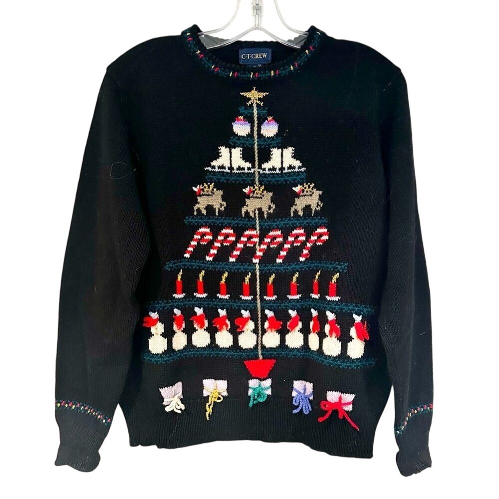 CT Crew Vintage Wool‎ Christmas Sweater Women's Medium Black Reindeer Snowman
